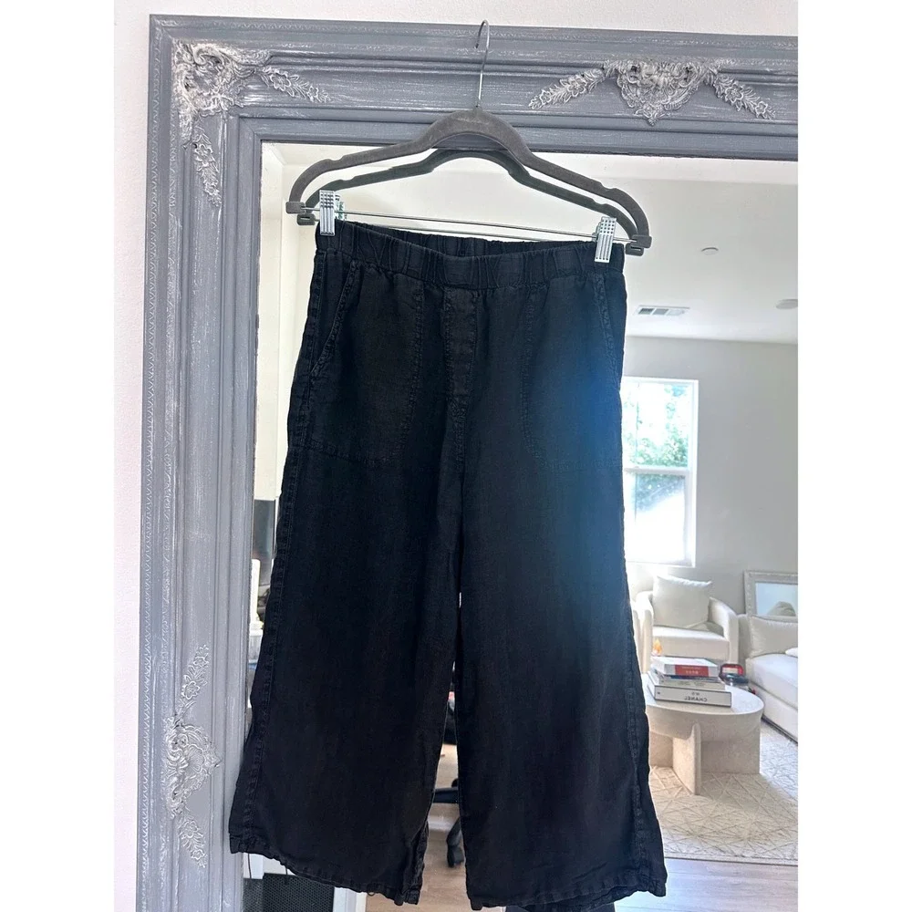 Cut Loose Black Solid Linen Easy Cropped Pants Wide Leg Side Pockets Lagenlook S